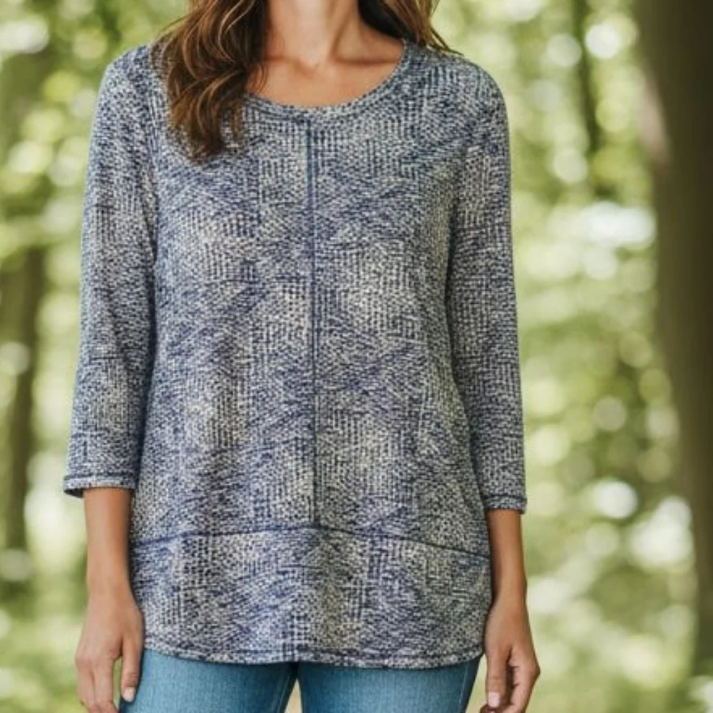 Chico's -Blue Print 3/4 Sleeve, Round Neck  Geometric Pattern Blouse, Size 0 - Picture 7 of 10